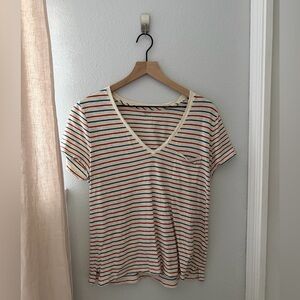 Madewell Cream V-Neck Tee with Red & Blue Stripes